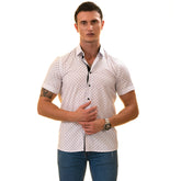 White with Black Printed Paisley  Short Sleeve Button up Shirts - Tailored Slim Fit Cotton Dress Shirts